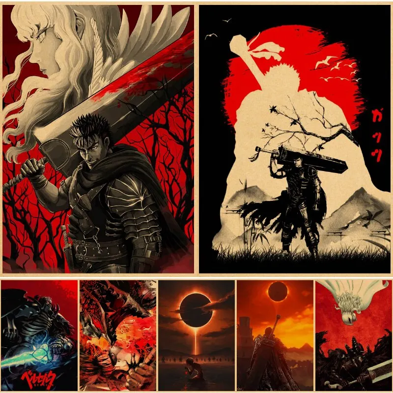 Affiches de dessin animé Berserk, imprimés graphiques en papier Kraft, autocollants muraux, décoration de la maison, peinture, décor d'anime