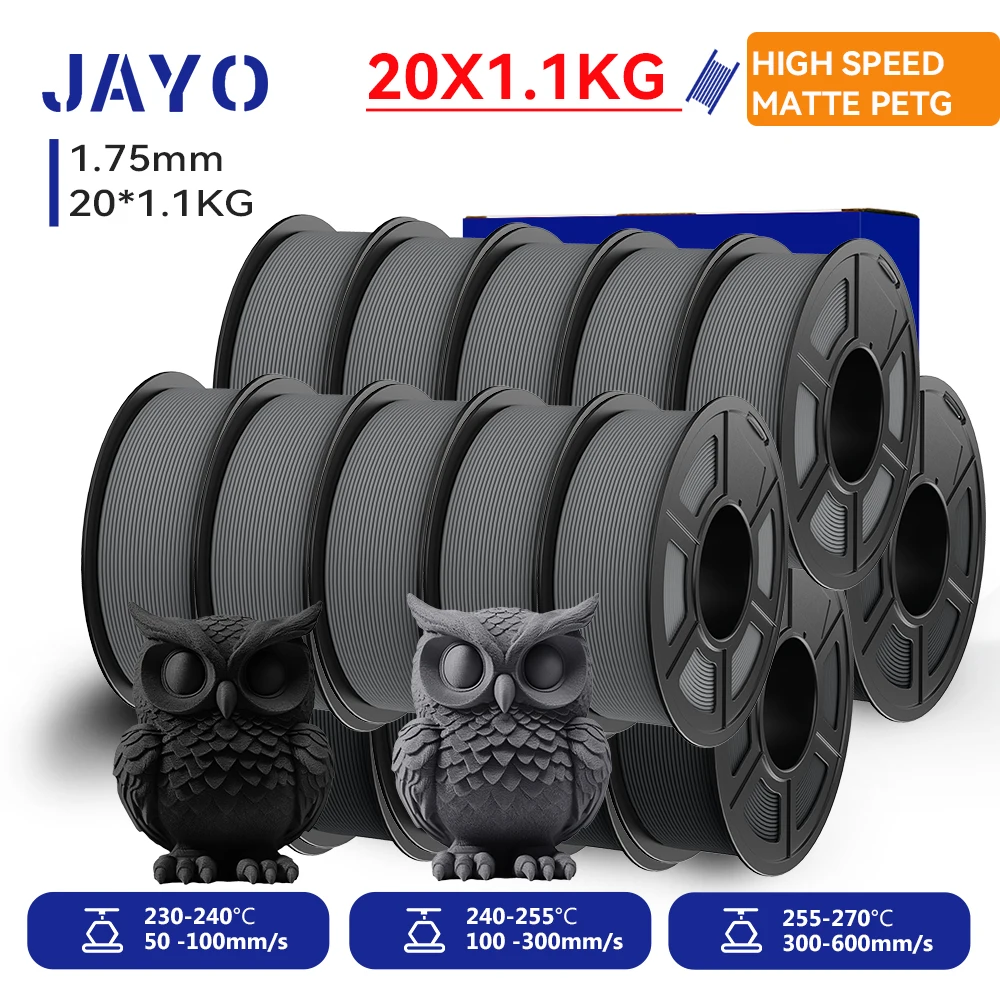 JAYO 20 Rollen PETG 3D-Filament Hochgeschwindigkeits-Matt-PETG 3D-Drucker-Filament Hochfließendes Speedy Matte Effekt 3D-Druckmaterial für 3D-Drucker & -Stift