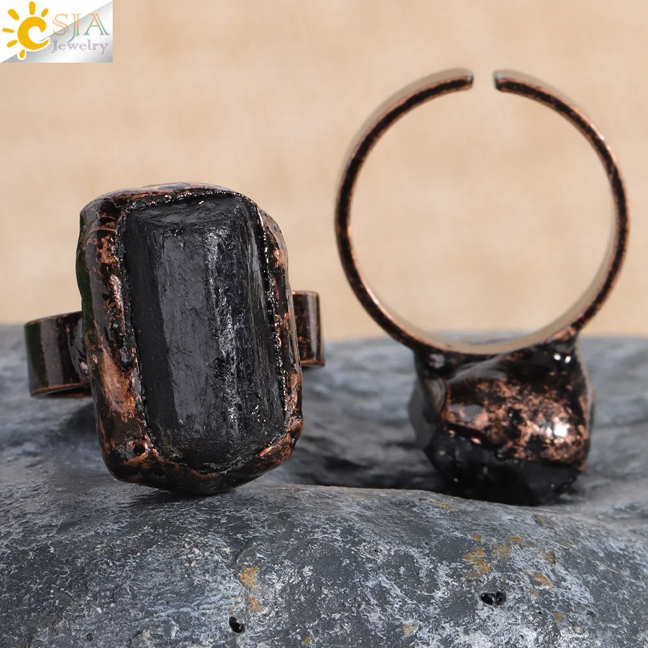 CSJA винтажное мужское открытое кольцо с черным турмалином, нерегулярное кольцо из натурального камня, хрустальные бусины, бронзовые кольца на палец для женщин, ювелирные изделия H622