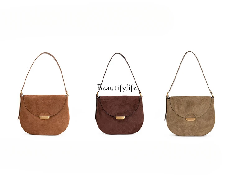 One-Shoulder Real Cowhide Underarm Bag, Brown Saddle Bag, Crossbody, High-Grade, Special-Interest Design