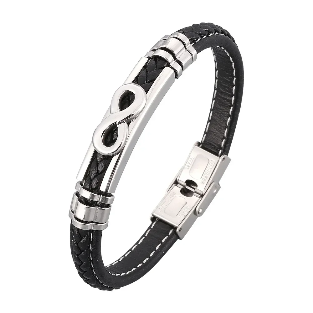 

New Mens Blue Black Leather Bracelet Stainless Steel Simple Charm Handmade Bracelet Jewelry Bangle Wristband