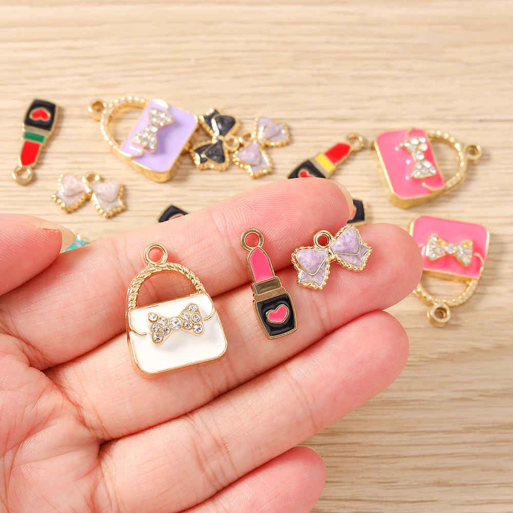 10pcs Cute Mix Enamel Bag Lipstick Bowknot Charms Pendants for Making Drop Earrings Necklaces DIY Crafts Jewelry Accessories