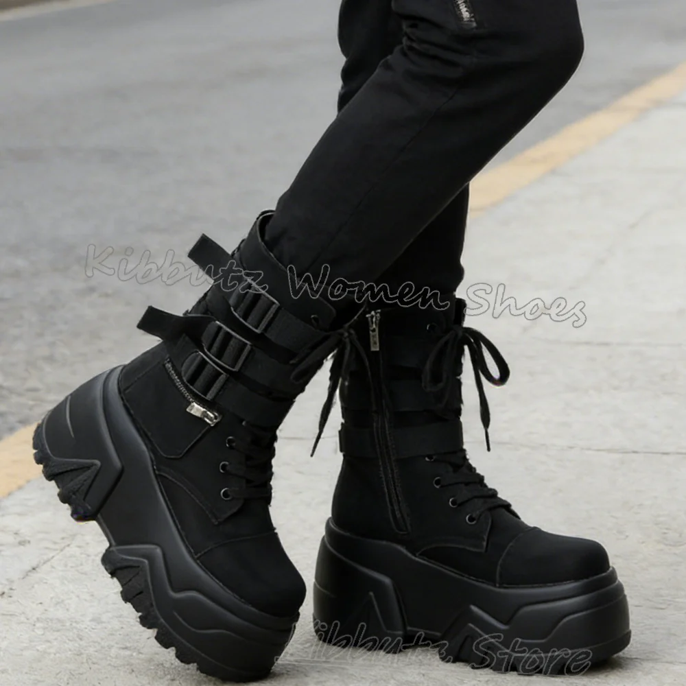 Pocket Gothic Ankle Boots Leather Belt Buckle Women Shoes Zipper Solid Color Lace Up Round Toe Thick Bottom Fashion Concise New
