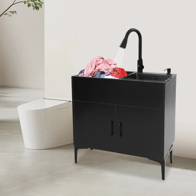 Sink Cabinet,Stainless Steel Kitchens Black Sink Complete Set,Double Groove Sink,Pull-Out Faucet,Drain Basket,drainage Pipes