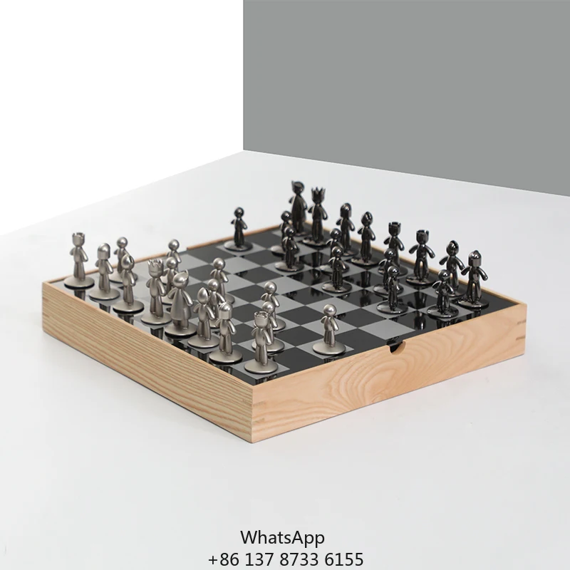 

Interior Entertainment Home Decor Black Wooden Zin Alloy Acrylic International Square Chess Game Board Set
