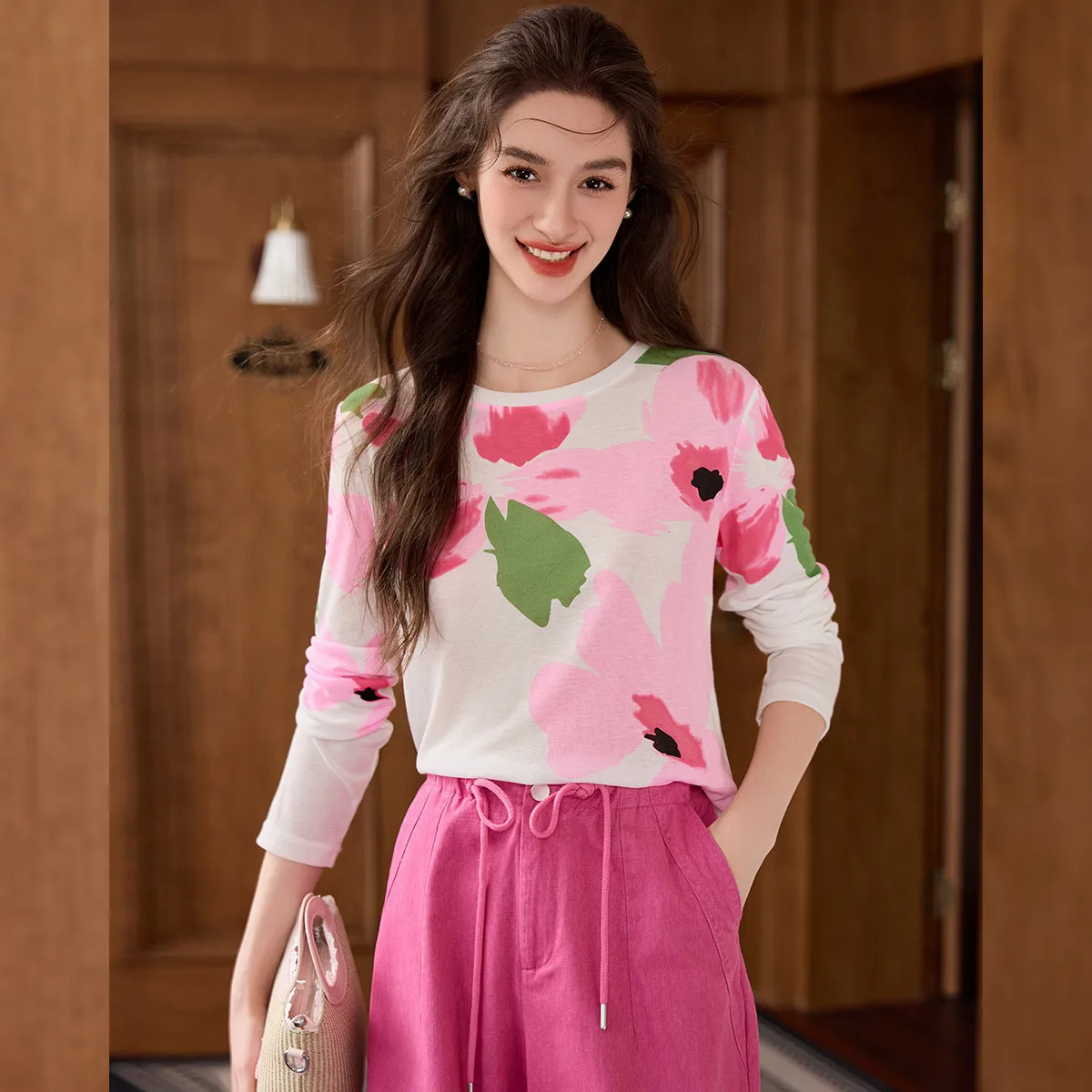 LOUIS YAO Color Contrasting Flower Pattern Knitted Hoodie 2025 Autumn Retro Casual Long Sleeve Micro Elastic Women's T-shirt