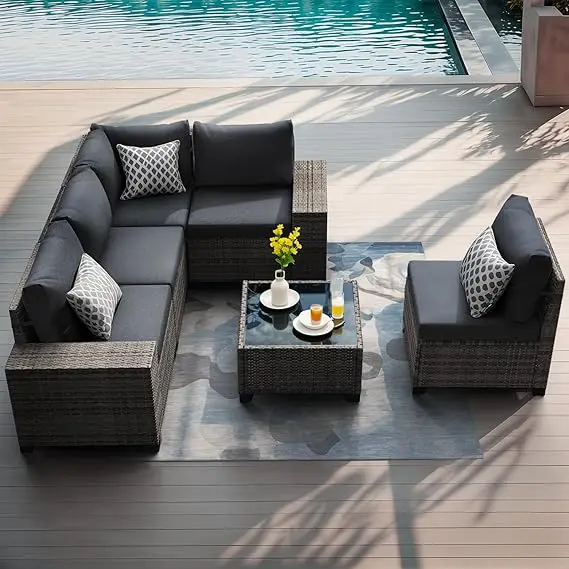 6 Piece Outdoor Patio Furniture Set - Wicker Sofa with Coffee Table, Powder-Coated Frame & Handwoven PE Rattan