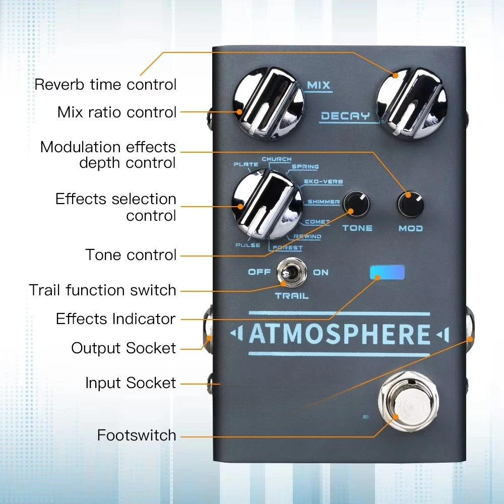 R-14 Reverb Guitar Pedal 9 Digital Reverb Types with Modulation and Trail Function for Electric Guitar Effects