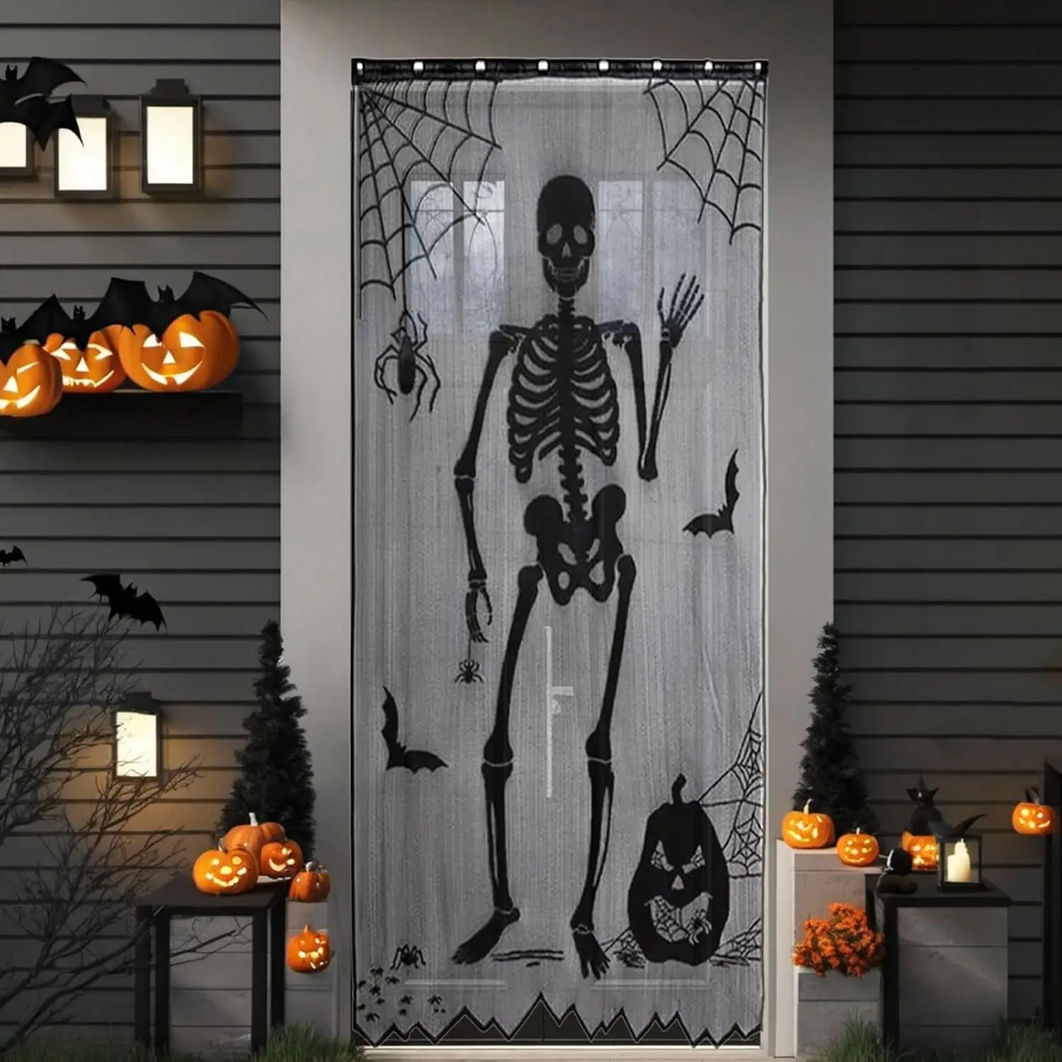 Halloween Skeleton Lace Door Curtain Black Skull Spider Bat Pumpkin Window Curtain For Ghost Party Home Wall Decorations view 2