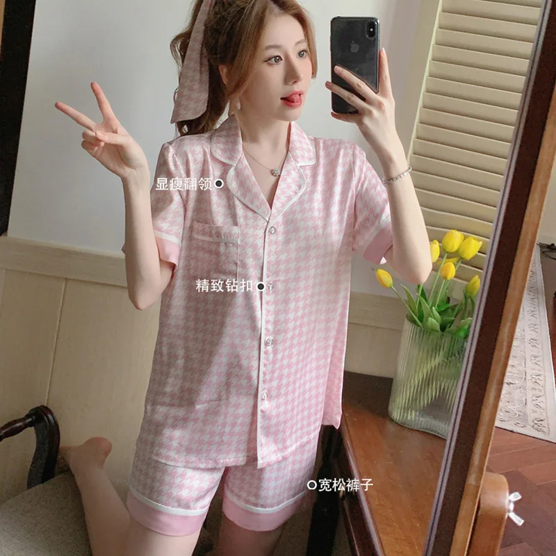 Women Pajamas Sets Summer 2 Piece Plaid Print Pyjama Faux Silk Satin Button Sleepwear Short Sleeve Pijama Mujer Pjs Homewear