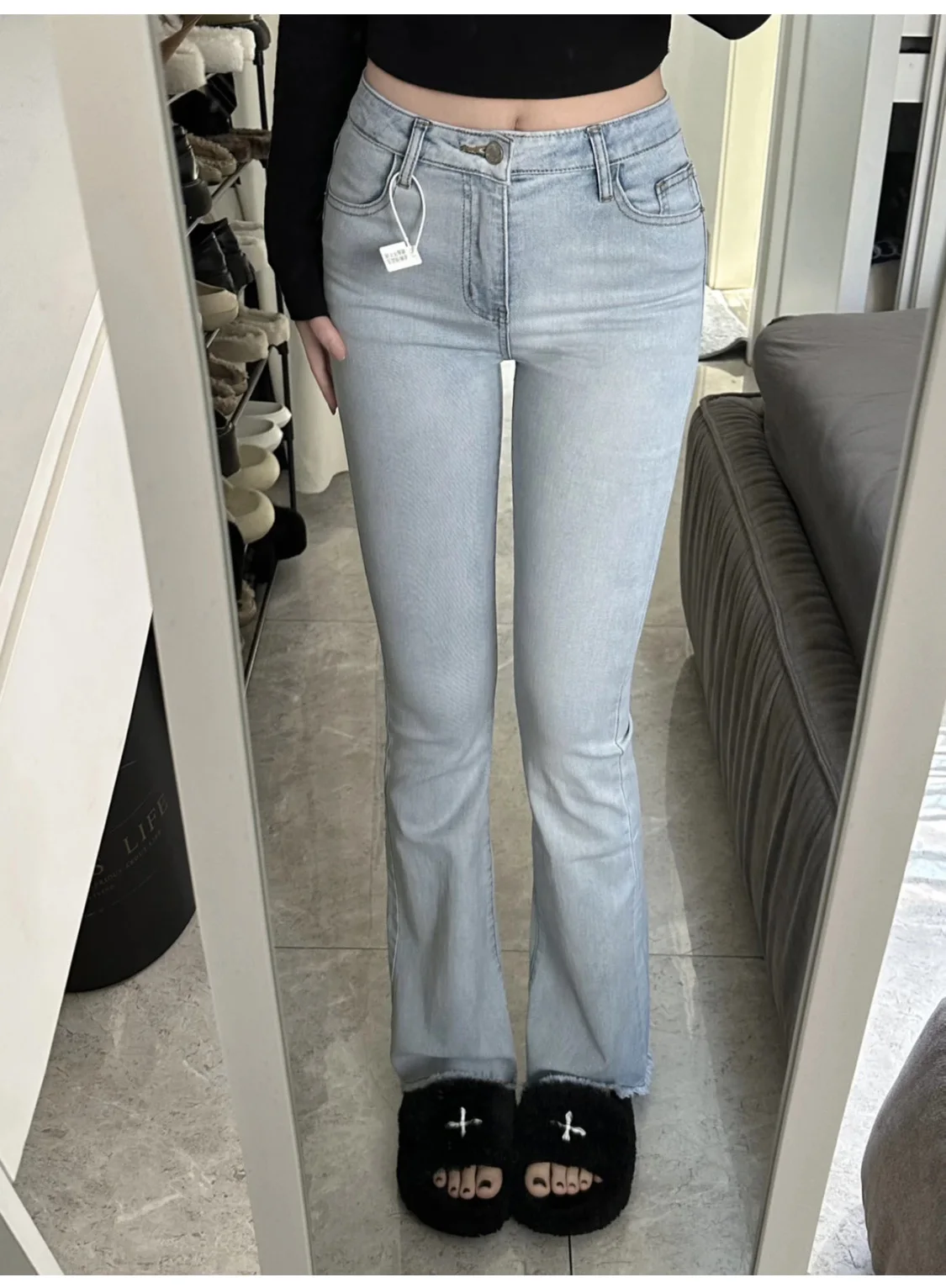 

High Waist Bell Bottom Light Blue Denim Jeans Women's Spring Autumn Slim Fit Elastic Frayed Floor Length Pants