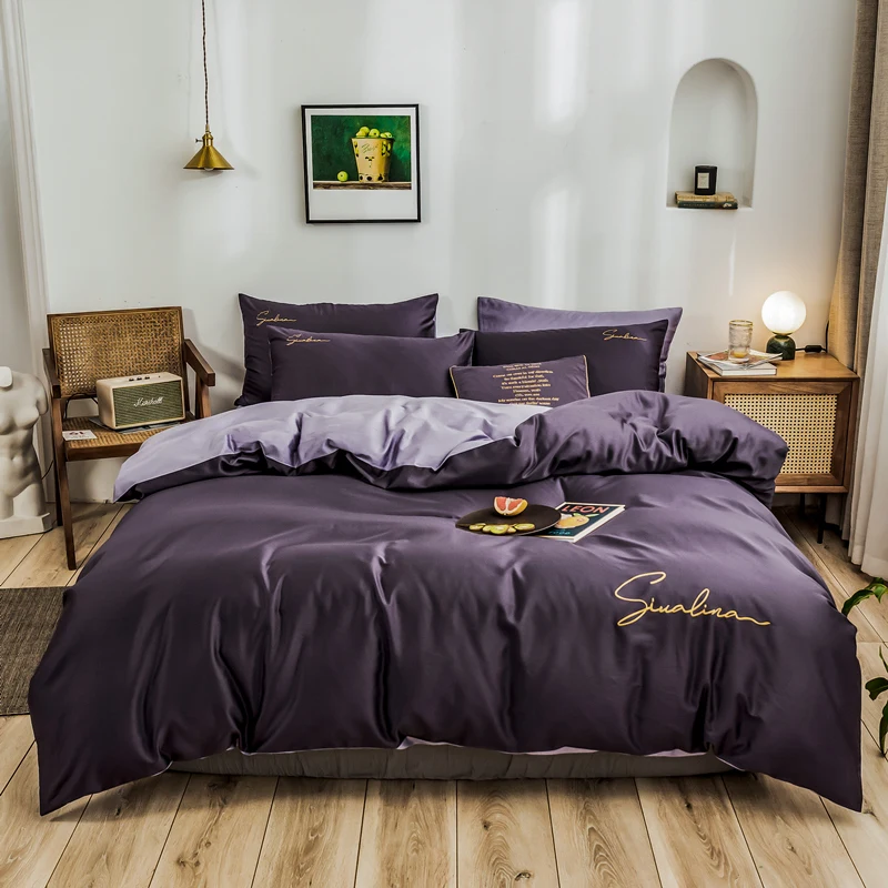 

Long Staple Cotton Embroidered Plain Color Four-piece Bedding Household Must Four Seasons Universal Luxury Style Bedding Purple