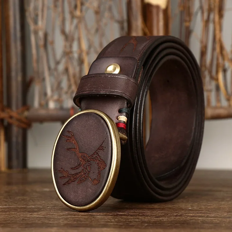 Vintage Laser Engraved Pattern Belt for Men, First Layer Cowhide Plate Buckle, 3.8cm Width