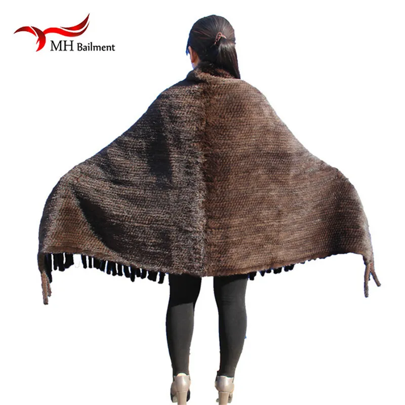 Elegant Real Knitted Mink Fur Shawl Scarf Womens Casual Poncho Knitted Mink Fur Black Scarves Scarf, Hat Glove Sets S#2