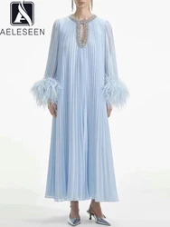 AELESEEN Autumn Loose Long Dress Women Runway Fashion Luxury Beading Diamonds Hollow Out Feathers Casual Pleated Party Holiday