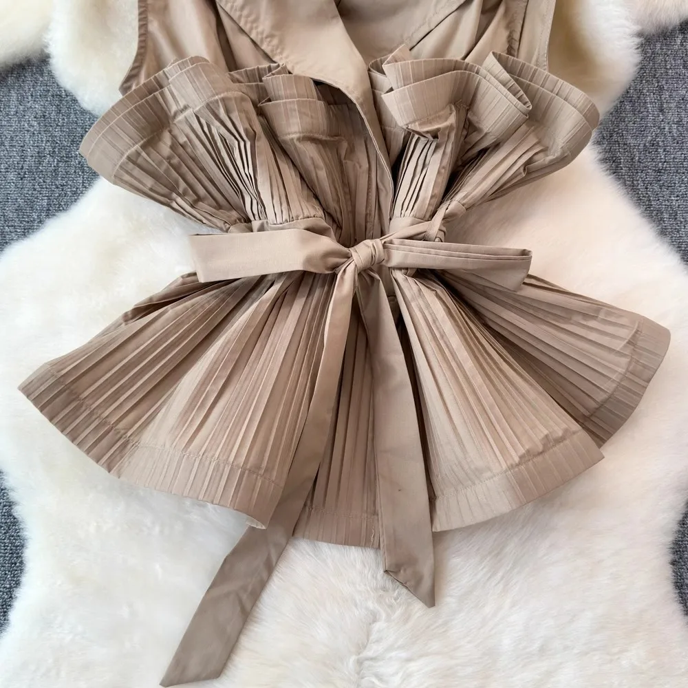 New High Street Fashion Summer Sleeveless Vest Shirt Tops Designer Women Notched Folds Ruffles Lace Up Belt Loose Blouses Female
