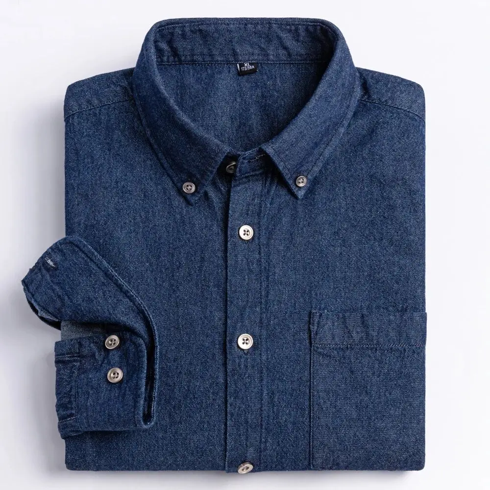 Men's Versatile Casual Long Sleeve Denim Shirt with Pocket Regular Fit Thickened Fleece Autumn  Collar Nine Points Sleeve