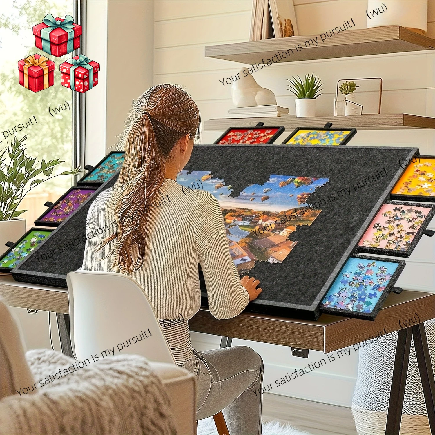 1 Set Space-Saving Puzzle Storage Table, 6-Drawer Organizer with Felt Top, Collapsible & Portable for Home Organization