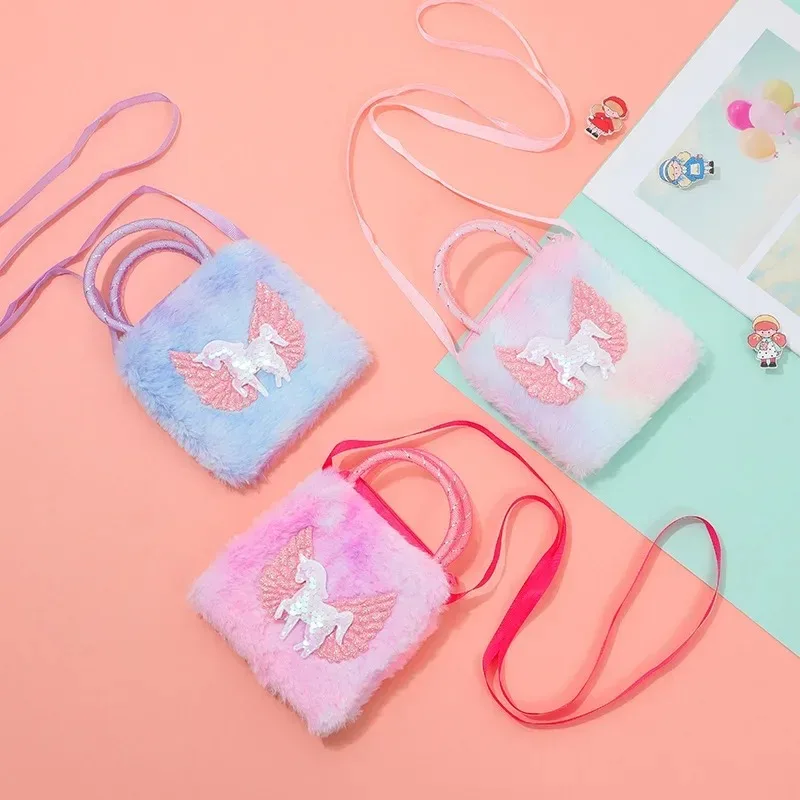 New 2026 Children's Unicorn Plush Crossbody Bag Cartoon Shoulder Wallet for Girls Kids Mini Coin Purse Small Square Bag
