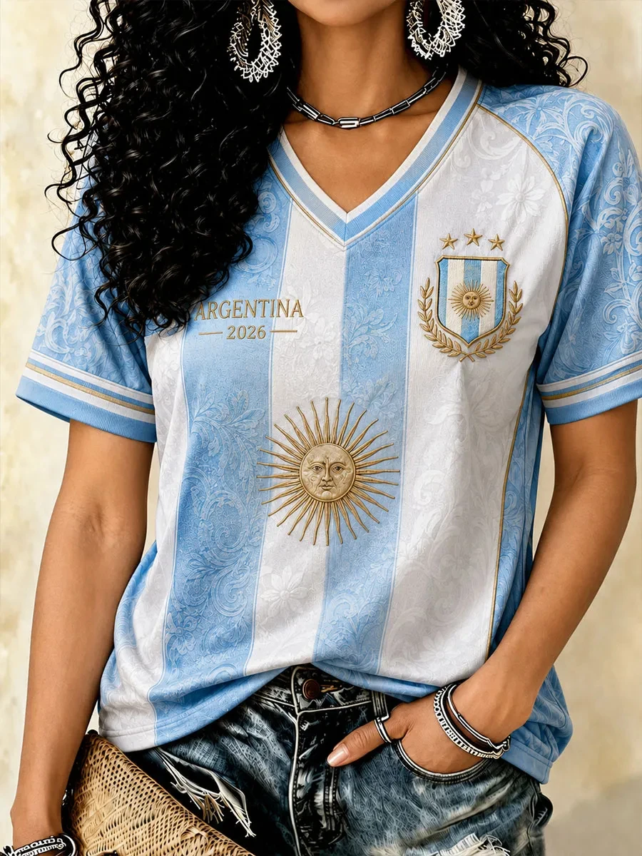 Women's Gift For Argentina Football Fans Print Casual V-Neck Tee Football Cultural T-Shirt