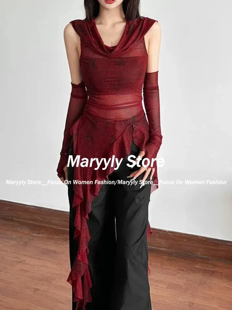 Y2K Vintage 90s Grunge Mesh See Through Hooded Tops Streetwear Irregular Hem Ruffles Hoodie Women Slim Blouse with Cuffs New