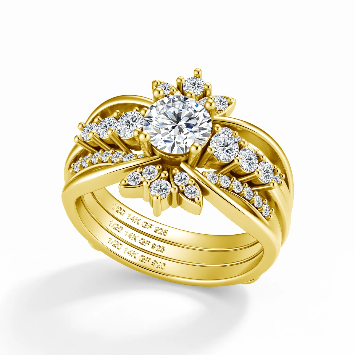14K Gold Filled 2Pcs Stackable Bridal Ring Set 1ct Round Moissanite Floral Halo Multi Band Engagement Wedding Ring for Women
