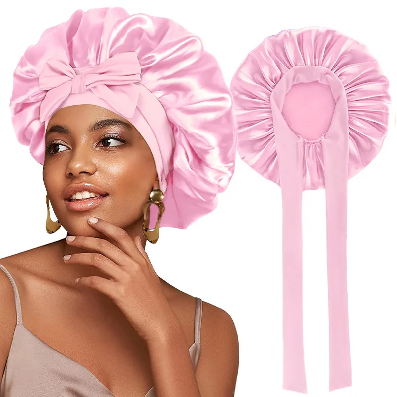 2PCS Satin Solid Hat Elastic Ribbon Round Cap Adjustable Simulated Silk Sleep Cap Wide Brim Women Hair Turban Shower Beauty