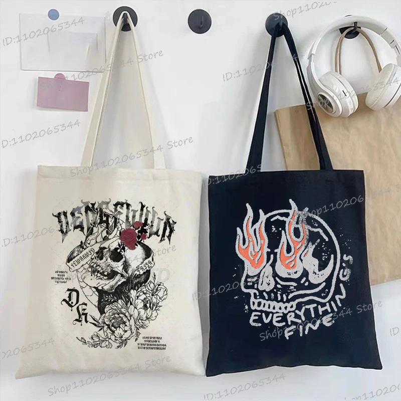 

Canvas Tote Bag Vintage Skull Women Men Funny Print Hopping Bags Fashion Skeleton Harajuku Handbag Meme Skull Teen Shoulder Bag