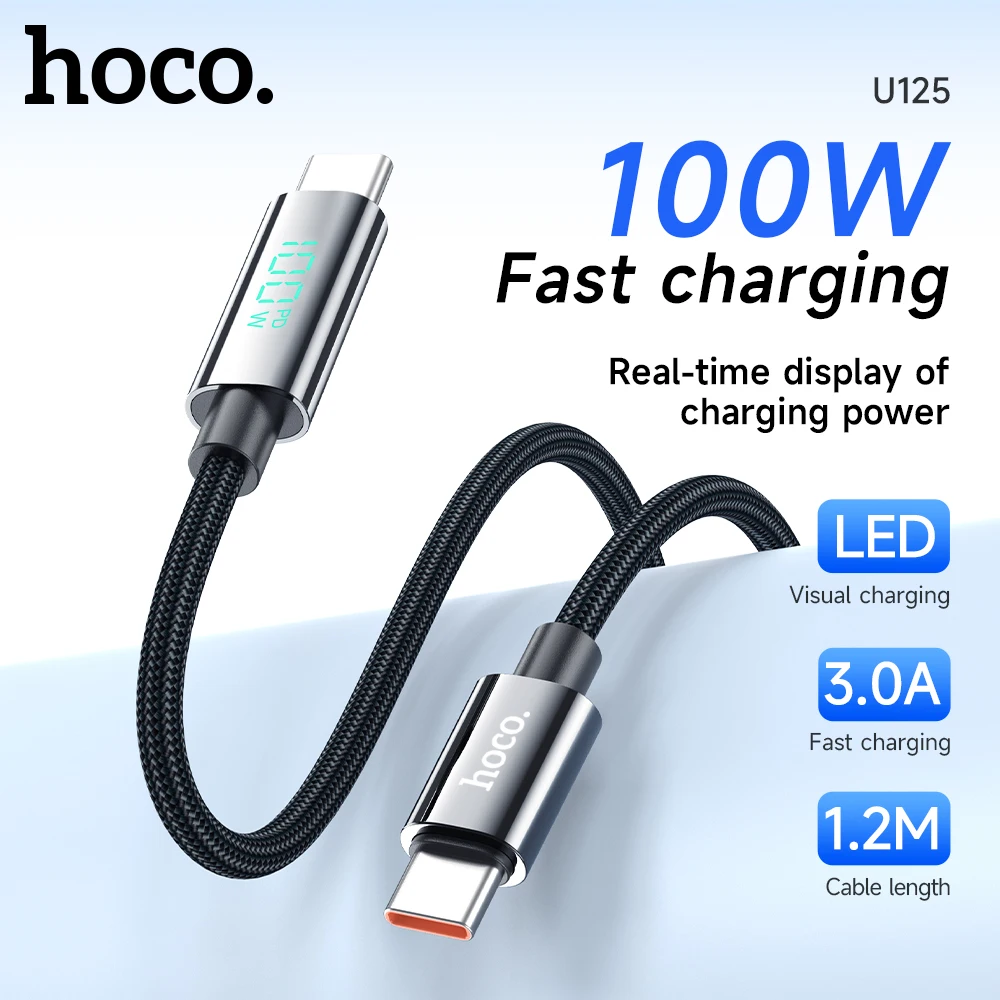 

HOCO PD100W 5A LED Display Fast Charging USB C Cable For iPhone 15 Pro Max Durable Woven Braid Charging Cord For Samsung S23 S24