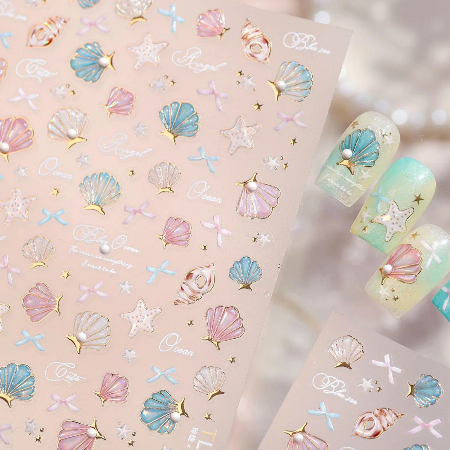 Summer Marine Shell Star Conch Starfish 5D Nail Decals Gold Hot Stamping Self-adhesive Nail Art Stickers Beach Decor Supplies
