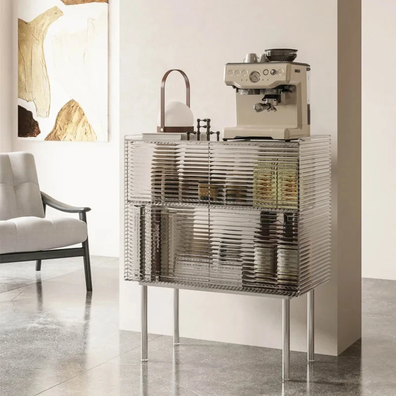 

custom.Smoke Gray Fluted Acrylic Storage Cabinet - 2-Drawer Design with Metal Living Room, Coffee Bar & Home Organizati