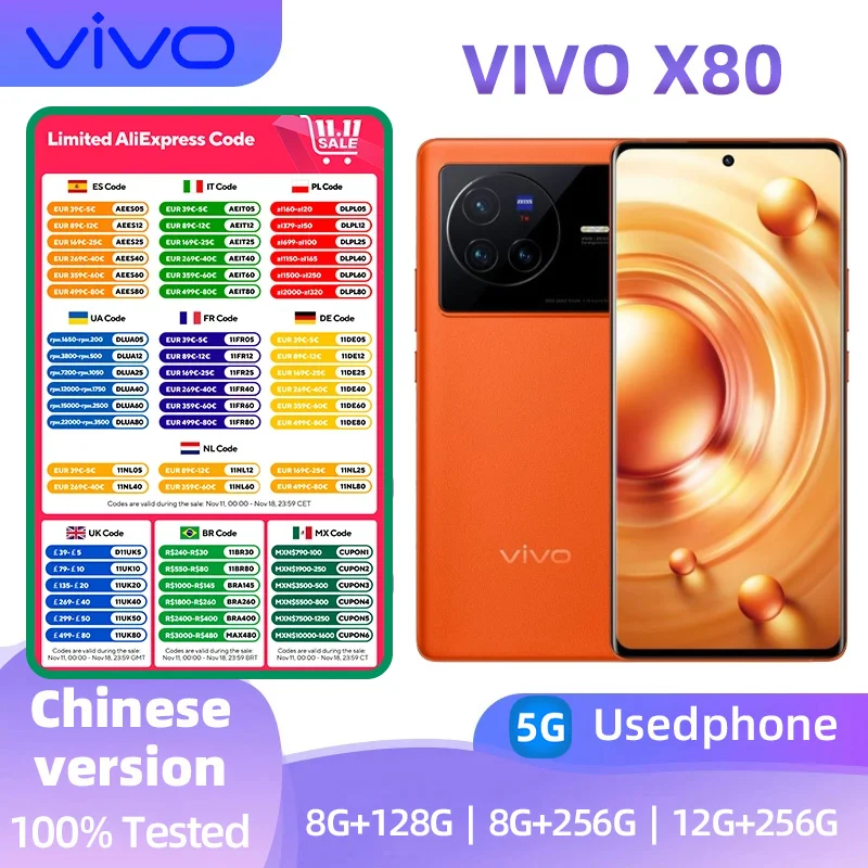Мобильный телефон Vivo X80 5G, размер Android 9000, 6,78 дюйма, экран ПЗУ, 128 ГБ, 120 Гц, 80 Вт, зарядное устройство, 4500 мАч, 50,0 МП, используемый телефон
