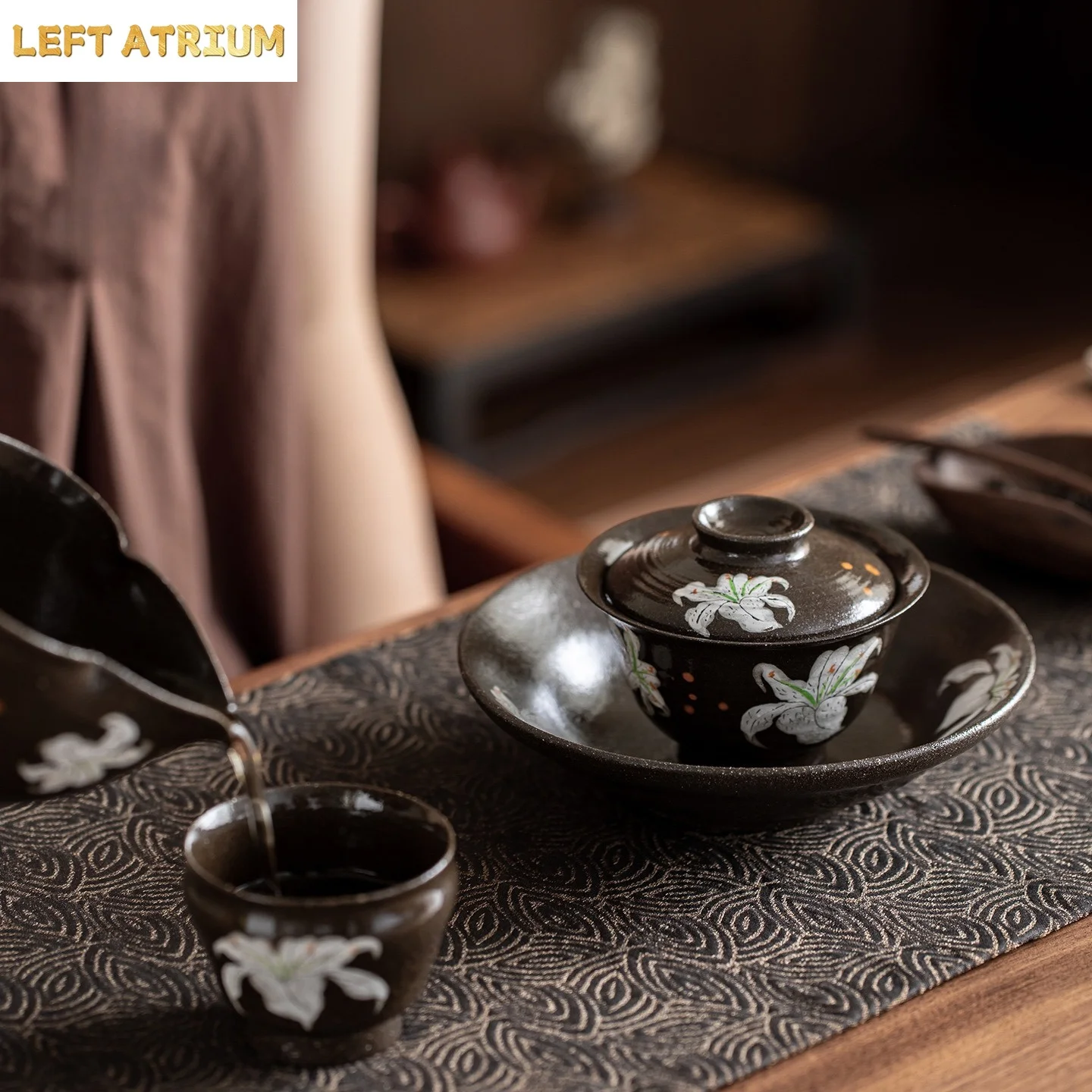 1PC Coarse Pottery Hand-painted White Lily Cover Bowl Japanese Household Ceramic Tea Bowl Tea Dispenser Uniform Cup Pot Bearing - view 2