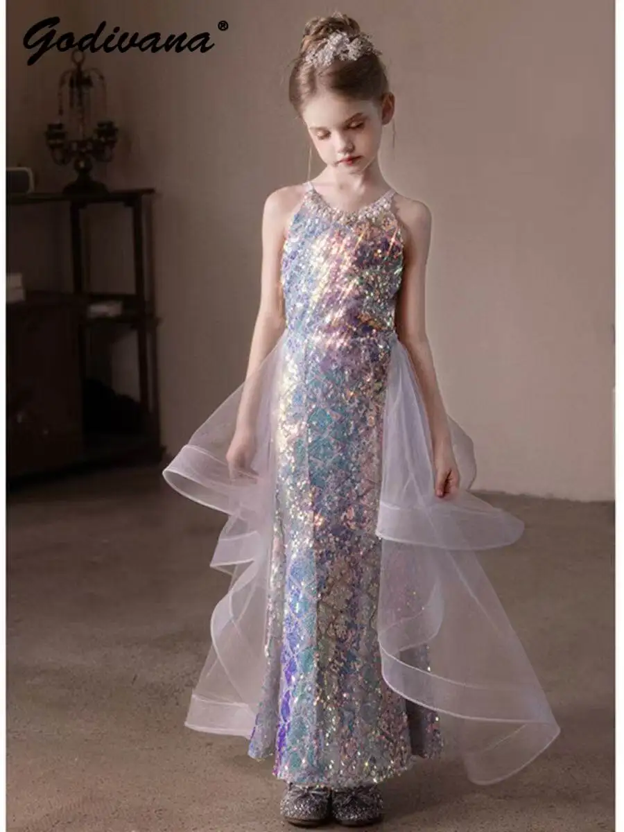 Cute Little Girls Host Sequin Evening Slip Dress Kids Mermaid Mesh Patchwork Pearl Model Catwalk Piano Performance Princess Gown