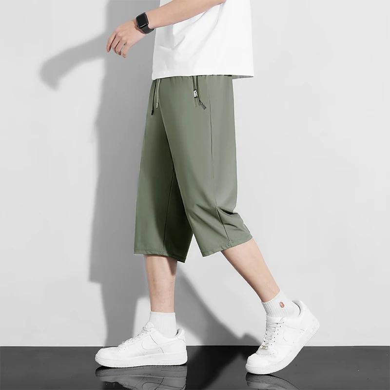 Summer Men's Clothing Solid Color Pockets Zipper Bandage Drawstring Straight Sports Pants Vintage Elastic High Waisted Shorts