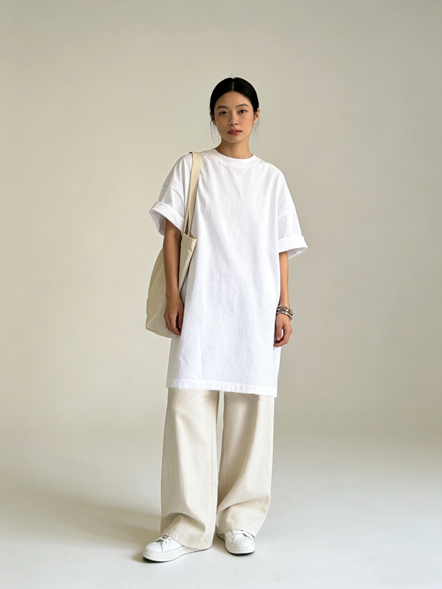 

Loose Fit Women's round Ne ort Sve T-irt Mid-Length Lazy Sle Inner Wear White Color Casual Summer Top for Teens