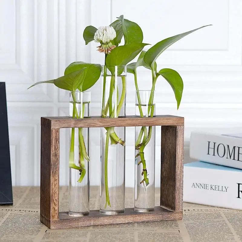 1Set Transparent Glass Vase Wood Frame Iron Art Terrarium Bonsai Table Ornaments Glass and Wood Vase Planter Terrarium Table