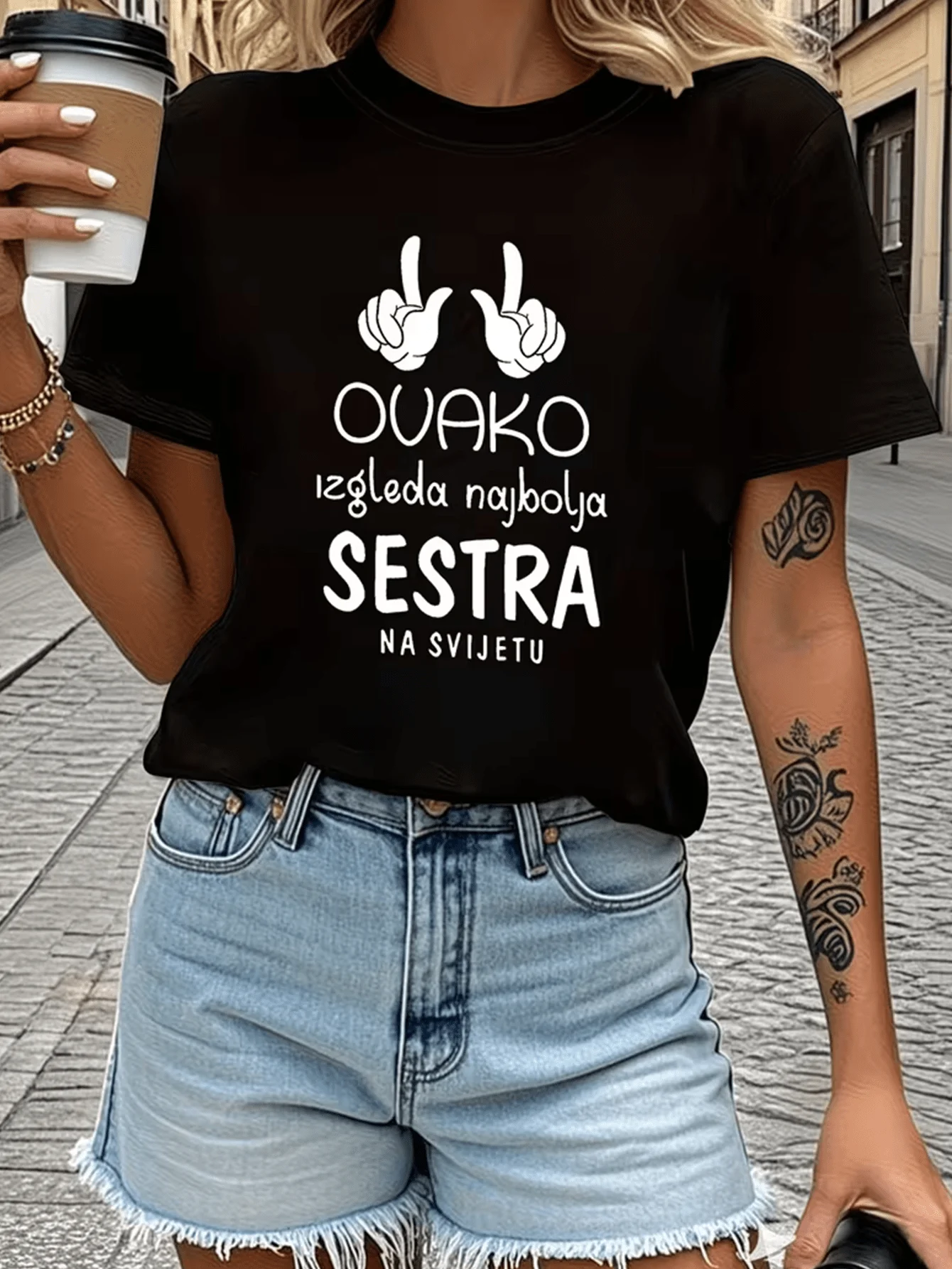 OVAKO Best Sister Both Hands Pointing Easy Sketch Warm Sister Balkan Language Printed Short Sleeve Women's T-shirt Tops Clothes