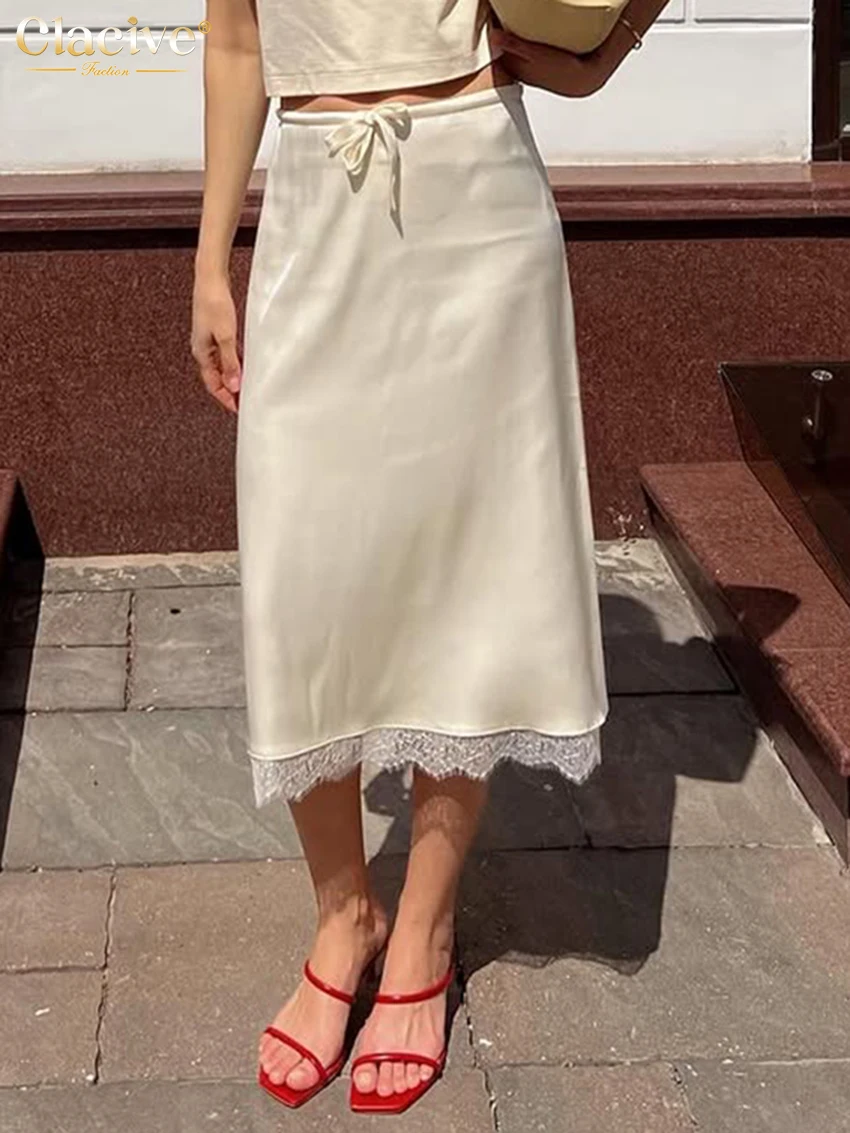 

Clacive Fashion Loose Beige Satin Women's Skirt 2025 Casual High Waist Midi Skirts Elegant Lace Spliced Skirt Female Clothing