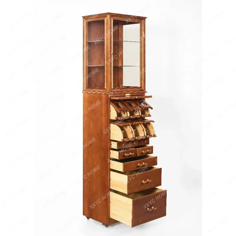 XXMulti-drawer Retro Glass Door Display Cabinet With Lamp Removable Cultural Play Locker