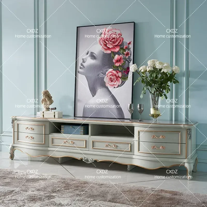 2.4M Solid Wood TV Cabinet French Style Living Room Storage Floor Cabinet High End European Villa Furniture Custom Media