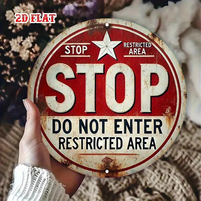 2D Flat, 1 Stück Vintage Stop Do Not Enter Restricted Area Aluminium-Metallschild – 7,87 Zoll runde rustikale Wandkunst mit roten und weißen Sternen,