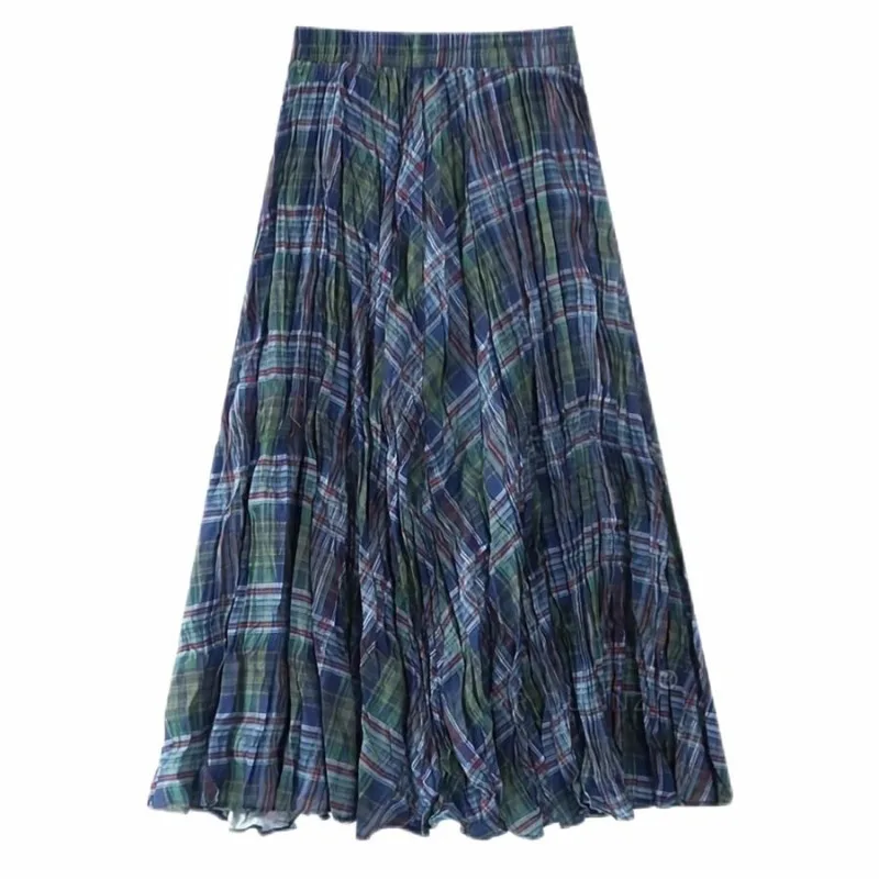 Korean Mori Girls Sweet Green Retro Long Plaid Skirts Crumpled Elastic Waist Full Skirt Boho Vacation Beach Dress Casual Summer
