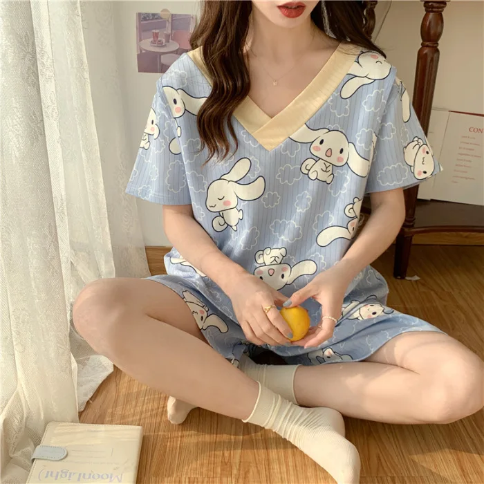 Kawaii sanrios cinna moroll plus größe pyjama anzug cartoon sommer mädchen lose pyjama homewear niedliche anime kurze ärmel shorts set