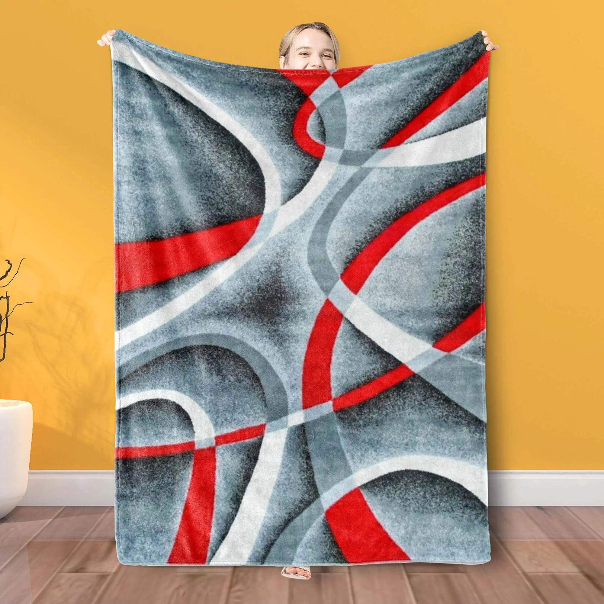 Flannel Blanket Gray Black Red White Swirls Throw Blanket for Sofa Bedroom Couch Travelling,All Season Air Conditioning Blankets