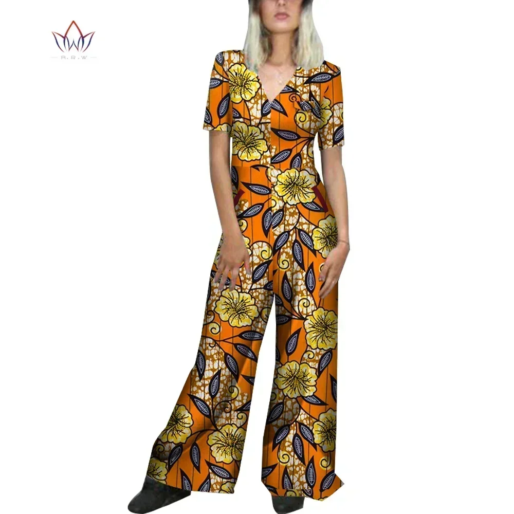 Africa Cotton Wax Print Romper Summer New Fashion Jumpsuits V Neck Short Sleeves Wide Leg Pants Jumpsuit African Clothing WY4459