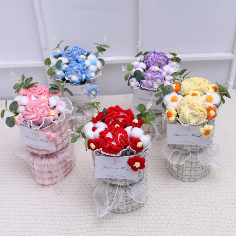Fleurs artificielles œillets plantes en peluche, Bouquets tricotés au Crochet, cadeaux pour la saint-valentin, anniversaire des mères