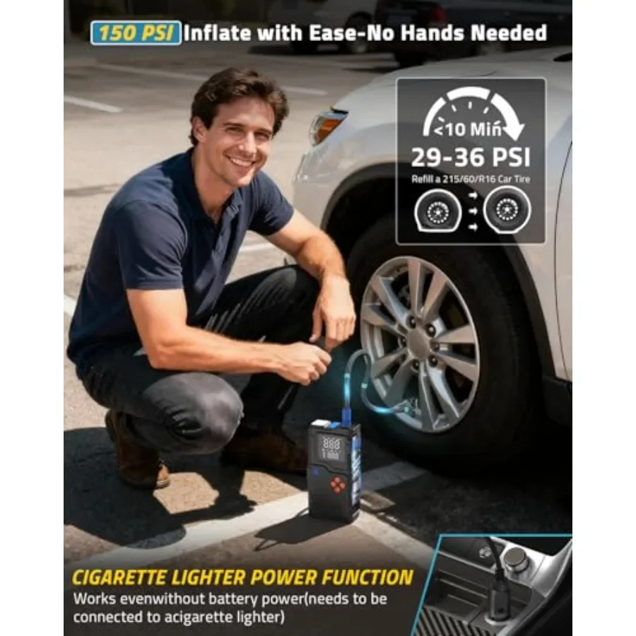 Portable Jump Starter with Air Compressor 150PSI and 6000A Peak Current for All Gas and 10L Diesel Vehicles Includes Ti