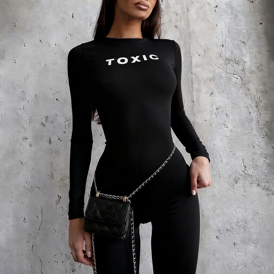 

Women Black Letter Print Tight Jumpsuits Fashion O Neck Long Sleeve Slim Casual Streetwear Overalls Fitness Workout Rompers