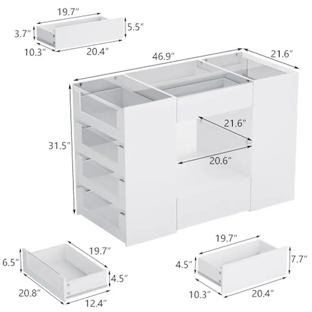 Closet Island Glass Display Shelf 12 Drawers White Dresser Top Walk-in Storage Organizer Jewelry Bags Cosmetics Solution